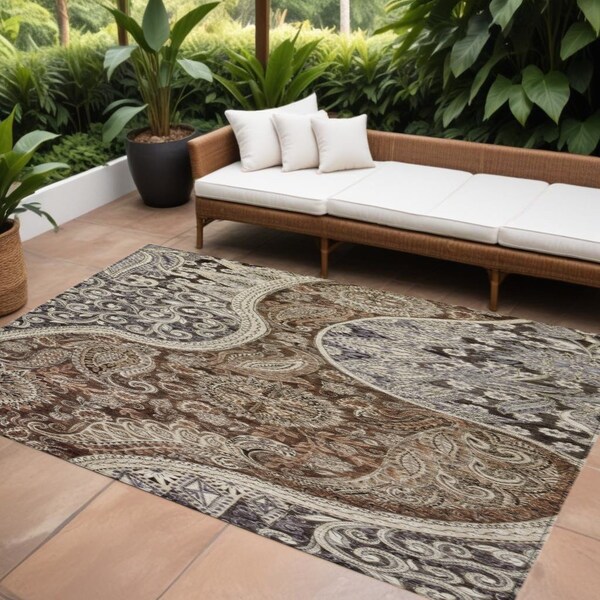 Homeroots 10' X 14' Brown Beige And Tan Floral Medallion Washable Indoor Outdoor Area Rug 603178 - main