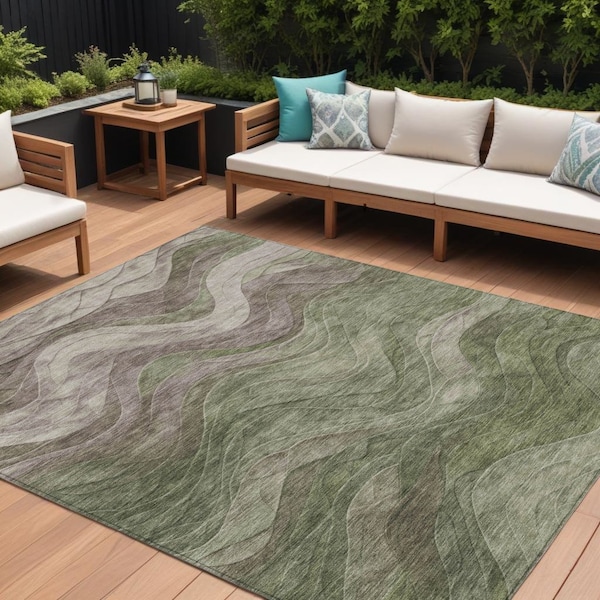 Homeroots 8' X 10' Green And Taupe Abstract Washable Indoor Outdoor Area Rug 618169 - main