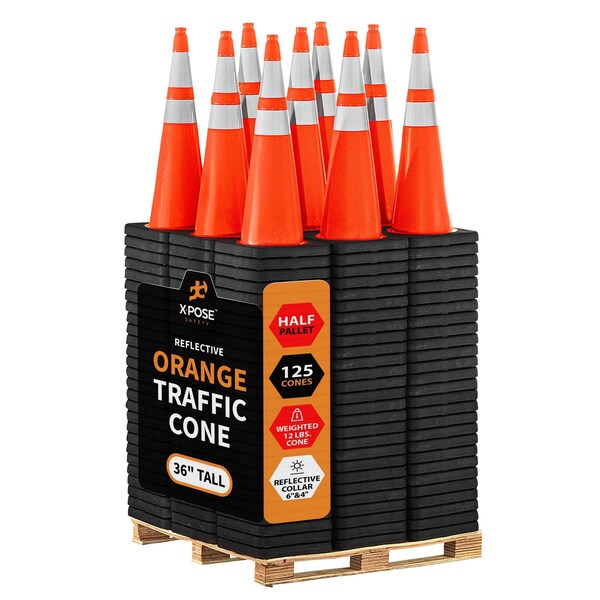 Xpose Safety 36 in Orange Traffic Cone, PVC, 12 lb Base w/ 6 in & 4 in Collar, DOT Approved, 150 PK, Half Pallet OTC36-64-12L-HP150-X - main