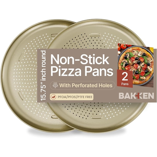 Bakkenmaster Bakken 16-Inch Nonstick Pizza Pan 2-Pack Carbon Steel Tray with Holes Dishwasher & Oven Safe Gold BKPIZAWVGD91 - main
