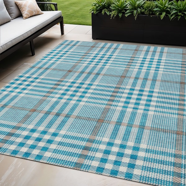 Homeroots 5' X 8' Teal Blue Ivory And Brown Plaid Washable Indoor Outdoor Area Rug 601519 - main