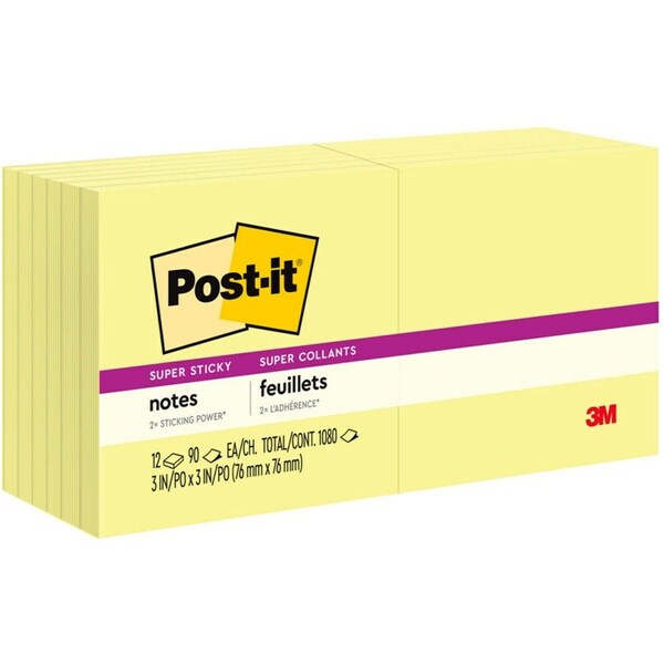 3M Post-it Super Sticky Notes, 3 x 3, Twelve 90-Sheet Pads/Pack, Canary Yellow 65412SSCY - main