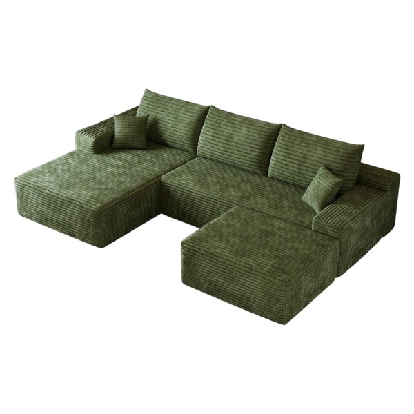 Homeroots 107" Green Corduroy Modular Compression Foam Sofa With Ottoman And Toss Pillows 712957 - main