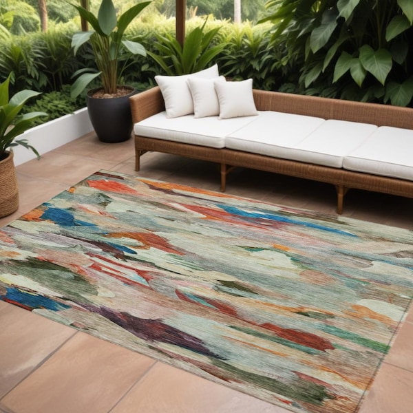 Homeroots 8' X 10' Green Teal Blue And Terra Cotta Abstract Washable Indoor Outdoor Area Rug 603128 - main