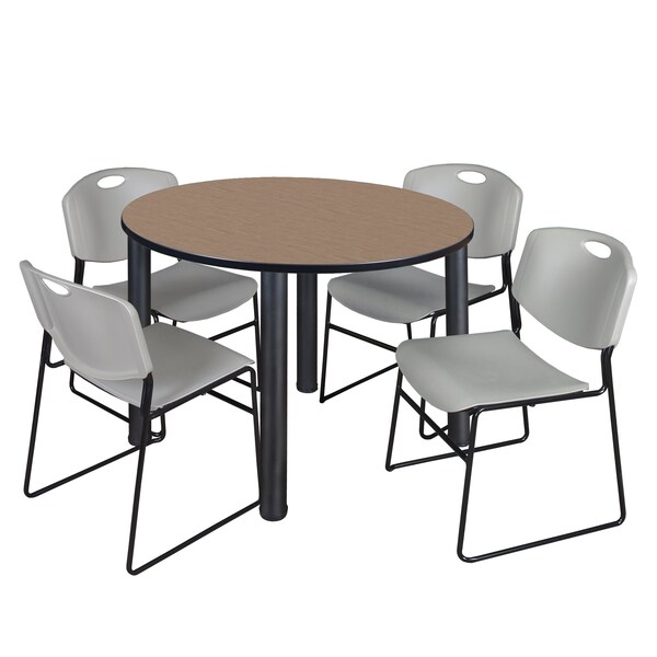 Regency Round Kee Breakroom Table W/ 4 Zeng Stack Chairs, 42 in W, 42 in L, Noble Oak TB42RNDNOBPBK44GY - main