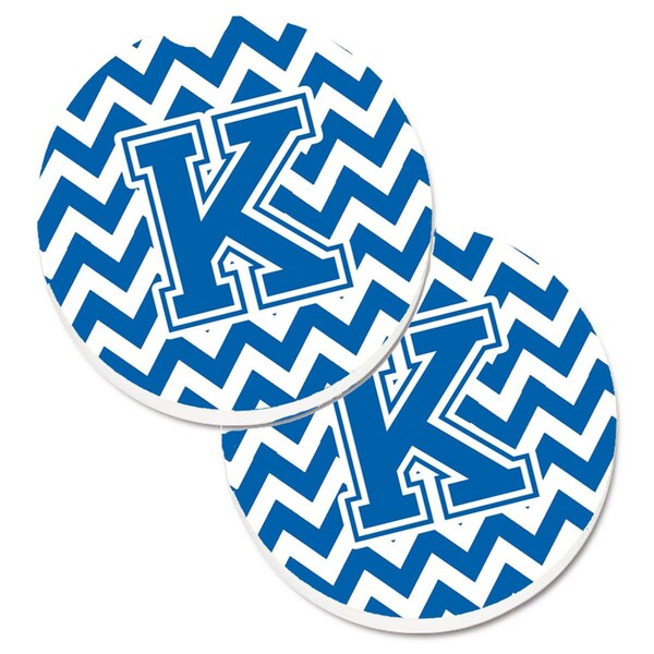 Carolines Treasures Letter K Chevron Blue and White Set of 2 Cup Holder Car Coaster CJ1056-KCARC - main