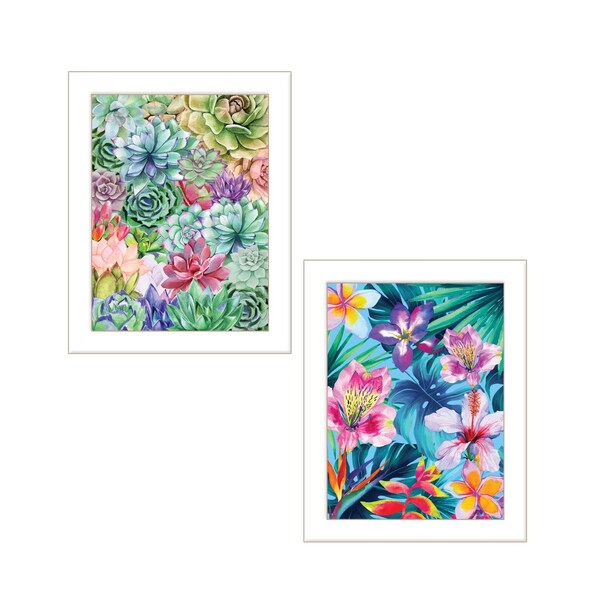 Homeroots Set Of Two Succulents Paradise and Tropical Flowers White Framed Print Wall Art, 2PK 408077 - main