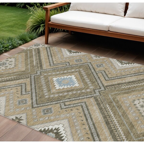 Homeroots 10' X 14' Beige Gray And Ivory Tribal Washable Indoor Outdoor Area Rug 598093 - main