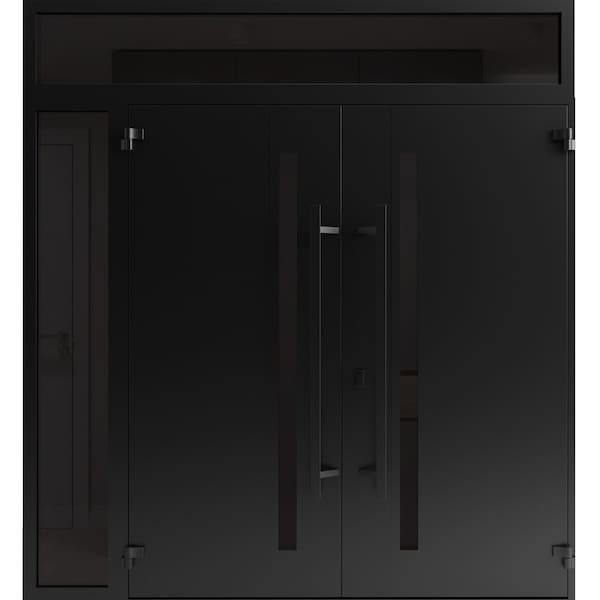 Vdomdoors Front Exterior Prehung Aluminum Double Doors Ronex1033 Teak 1 Sidelight and Top Transom Mirrored RONEX1033DEXD-OAK-W72+12xH96+16-LH-O - main