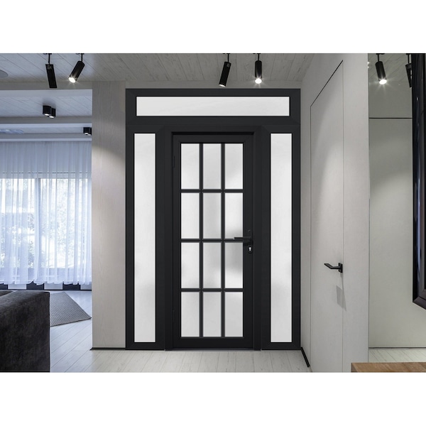 Vdomdoors Front Exterior Prehung FiberGlass Door Frosted Glass / Manux 8312 Matte Black / 2 Sidelight and Tra MANUX8312EXD-BLK-W14+36+14 x H80+14-RH - main