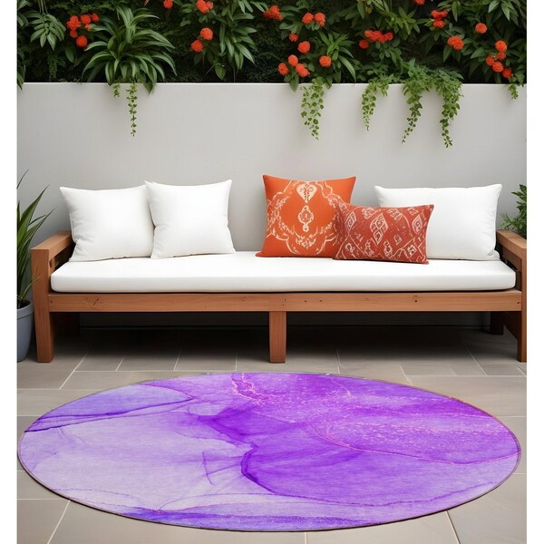 Homeroots 8' Round Purple Round Abstract Washable Non Skid Indoor Outdoor Area Rug 559771 - main