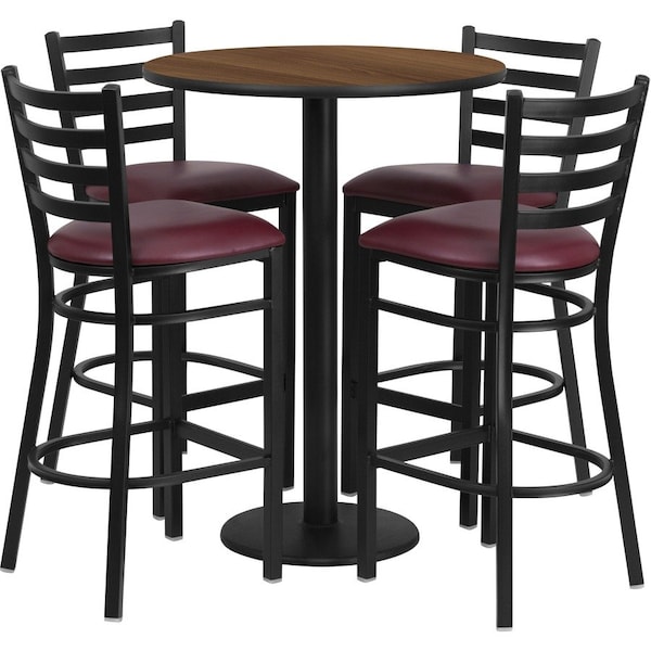 Flash Furniture Round Walnut Bar Table, X-Base w/Burgndy Seats, Laminate Top, Wood Grain RSRB1028-GG - main