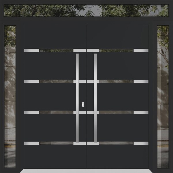 Vdomdoors Metal Double Doors Deux 1105 Black Enamel Mirrored Clear Glass 2 Sidelights and Top Transom Entry M DEUX1105DEXD-BLK-W14+72+14xH80+14-LH-O - main