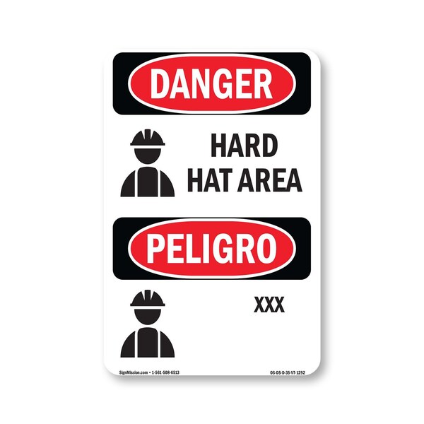 Signmission OSHA Danger Sign, Hard Hat Area Bilingual, 5in X 3.5in Decal, OS-DS-D-35-VT-1292 OS-DS-D-35-VT-1292 - main