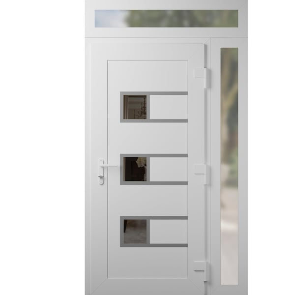 Vdomdoors Front Exterior Prehung Metal-Plastic Door, Manux 8933 White Silk, Side and Top Sidelite Transom, Of MANUX8933EXD-WS-W32+14xH80+14-LH - main