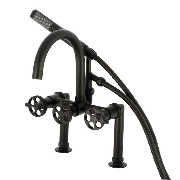 Kingston Brass 7" Center Deck-Mount Clawfoot Tub Faucet with Knurled Handle and Hand Shower, Matte Black AE8100RKX - main