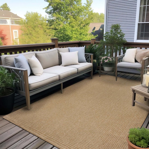 World Rug Gallery Concentric Frame Reversible Jute-Look Indoor/Outdoor Rug 5 ft x 7 ft Natural WR186NATURAL5X7 - main