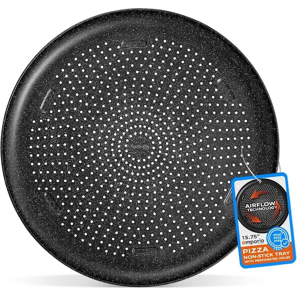 Emporio Kitchen Pizza Baking Pan, 15.75-Inch Round Perforated Carbon Steel Tray with Non-Stick Gray Marble Coating EMPPIZ0198 - main