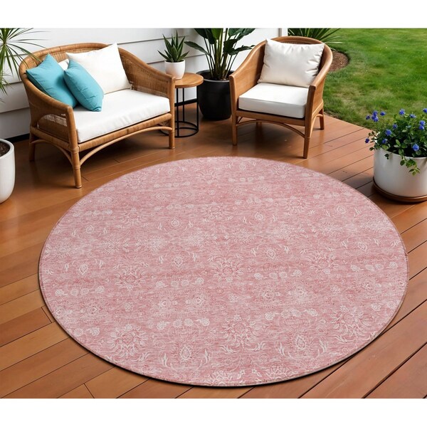 Homeroots 8' Blush Pink And Ivory Round Floral Washable Indoor Outdoor Area Rug 582334 - main