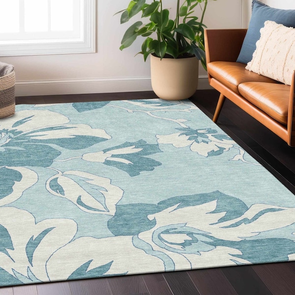 Homeroots 9' X 12' Teal Blue Aqua And Ivory Floral Washable Indoor Outdoor Area Rug 589576 - main