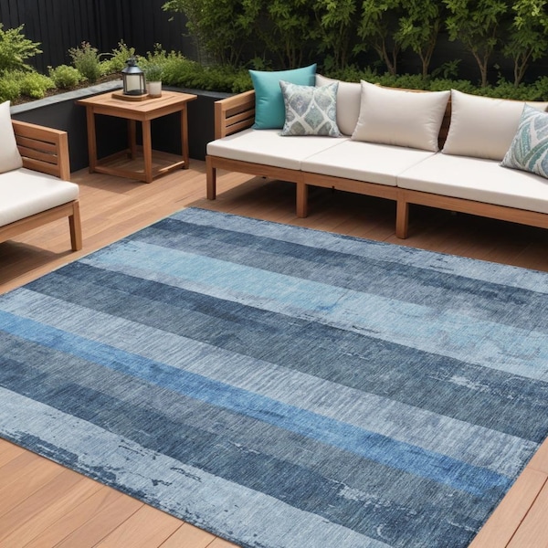 Homeroots 8' X 10' Blue And Gray Striped Washable Indoor Outdoor Area Rug 617839 - main