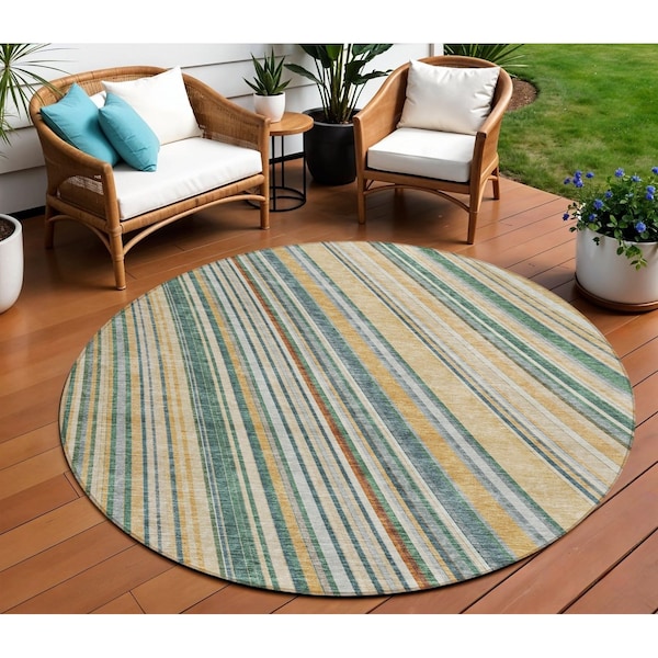 Homeroots 8' Beige Gold And Sage Round Striped Washable Indoor Outdoor Area Rug 614955 - main