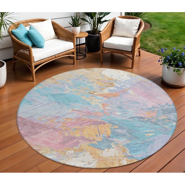 Homeroots 8' Teal Blue Gold And Pink Round Abstract Washable Indoor Outdoor Area Rug 618558 - main