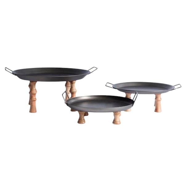 Homeroots Set of Three Black And Brown Wood And Metal Round Riser Trays With Handles 636206 - main