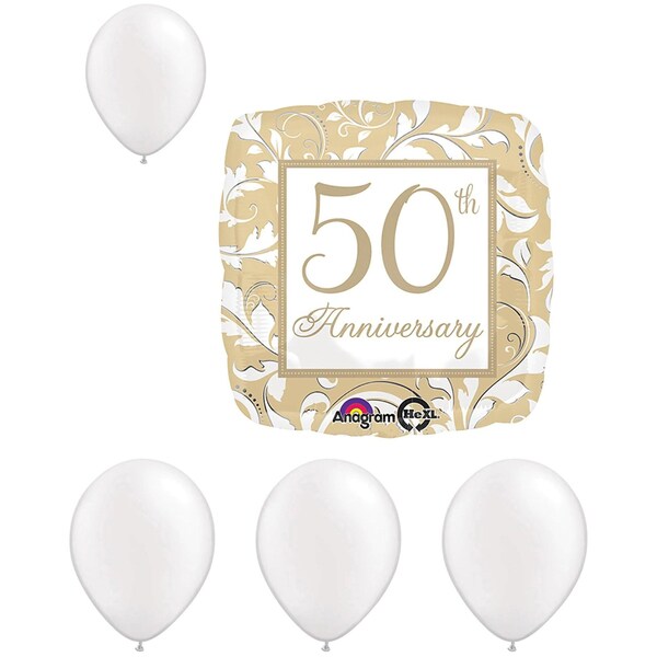 Loonballoon Anniversary Balloons, 18 inch GOLD ELEGANT SCROLL 50TH ANNIVERSARY, Pearl White Latex Set LOON-LAB- 24783-01-A-P - main