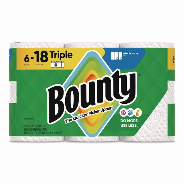 Bounty Select-a-Size Kitchen Roll Paper Towels, 2-Ply, 5.9 x 11, White, 123 Sheets/Triple Roll, 6PK 80799721 - main