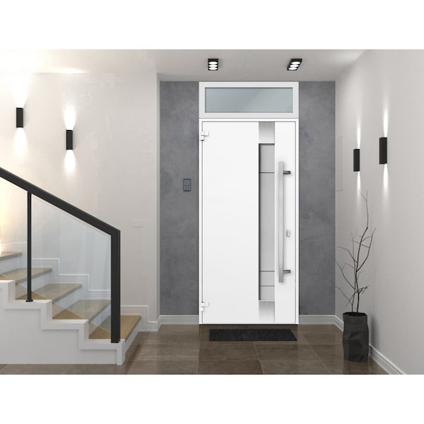 Vdomdoors Steel Door Deux 1713 White Enamel Transom Black Window Stainless Inserts Single Modern Painted-W36x DEUX1713EXD-BEM-W36 x H80+16-Right-hand Inswing - main