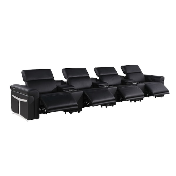 Homeroots 166" Black Top Grain Leather Reclining Metal USB Sofa 720373 - main