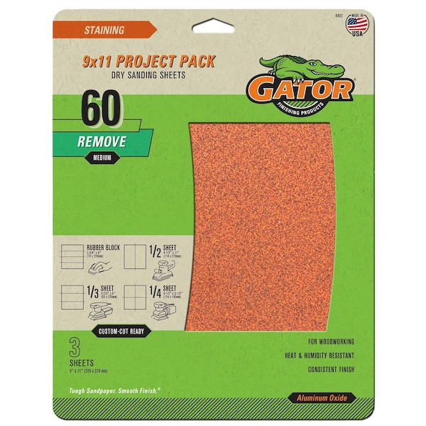 Gator Finishing 9 x 11 Project Pack Dry Sanding Sheets, 60 Grit, Medium, 3PK 4462 - main