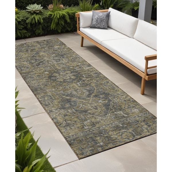 Homeroots 8' Runner Dark Moss Green and Gray Oriental Washable Non Skid Indoor Outdoor Runner Rug 563800 - main