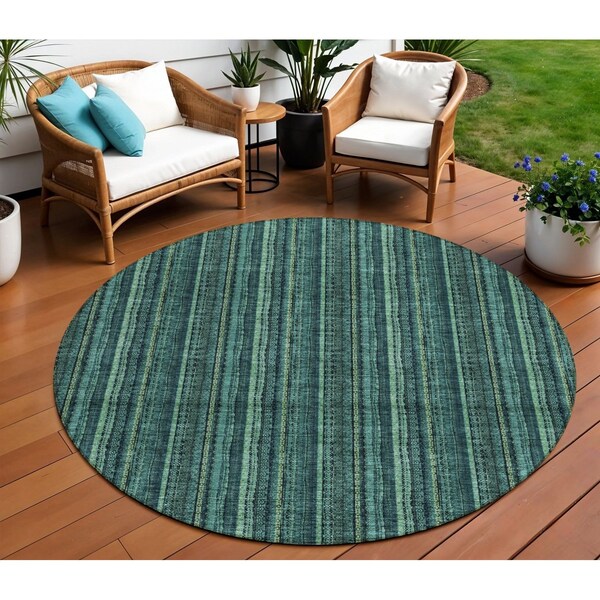 Homeroots 8' Teal Blue Aqua And Mint Green Round Striped Washable Indoor Outdoor Area Rug 615088 - main