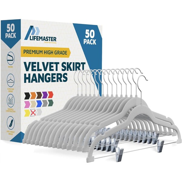 Lifemaster Velvet Skirt Hangers, Adjustable Clips, 360 Deg Swivel Hook, Non-Slip, Holds 10 lbs, White, 50PK LMVSH50WH - main