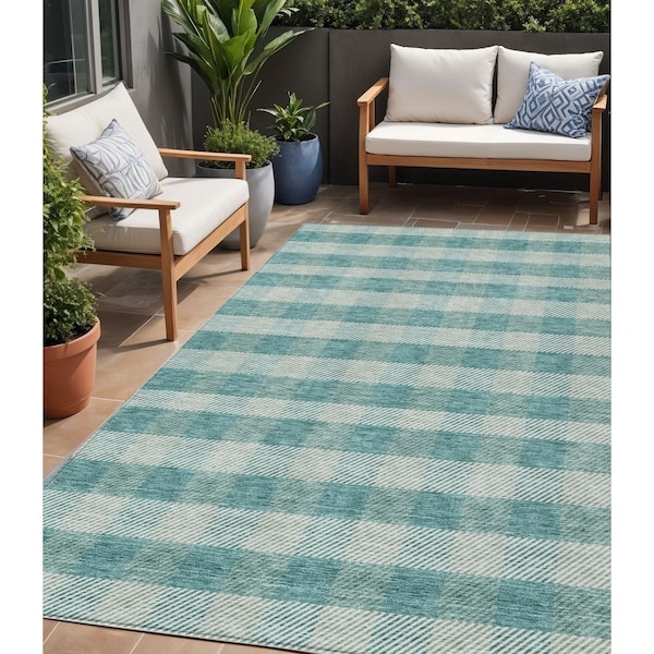 Homeroots 5' X 8' Teal Blue And Ivory Plaid Washable Indoor Outdoor Area Rug 595512 - main