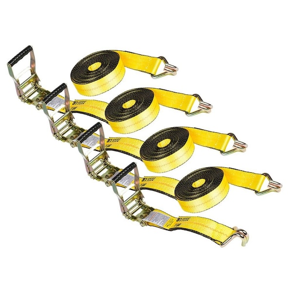 Mytee Products 2 in x 30 ft Yellow Ratchet Tie-Down Straps w/ Wire Hook 10000 Lbs Capacity, 4PK RS230WHx4 - main
