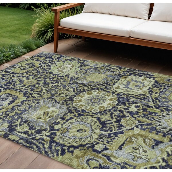 Homeroots 10' X 14' Fern Green And Blue Damask Washable Indoor Outdoor Area Rug 609071 - main