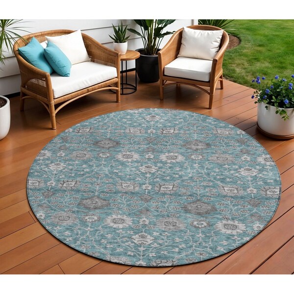 Homeroots 8' Teal Blue Gray And Charcoal Round Floral Washable Indoor Outdoor Area Rug 605439 - main