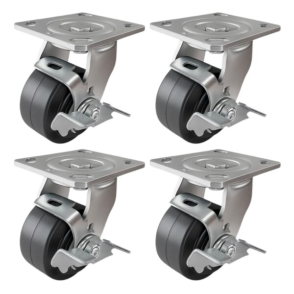 Hyw Products Heavy Duty Caster Set 4in Rubber on Cast Iron Wheels, 4 Swivel with Brake, 4PK 40-40S-A1-RC-TB-4 - main