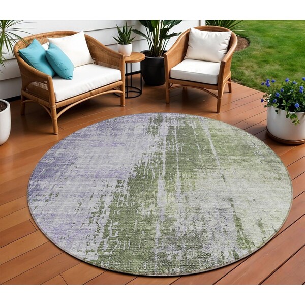 Homeroots 8' Olive Green And Purple Round Abstract Washable Indoor Outdoor Area Rug 587250 - main