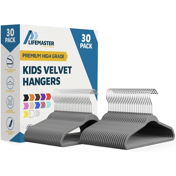 Lifemaster Gray Velvet Kids Hangers 30 Pack, 10.83" Non-Slip, Slim ABS, Swivel Hook & Notches LMVVBH30GY - main