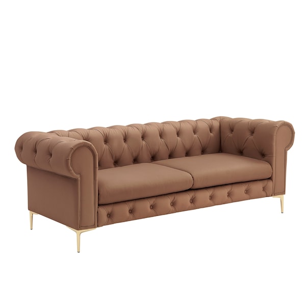 Homeroots 87" Camel Faux Leather Chesterfield Solid Wood Sofa 543940 - main
