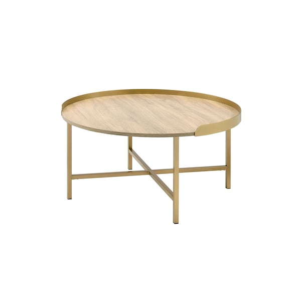 Homeroots 34" Oak and Gold Wood And Metal Round Sled Coffee Table 490508 - main