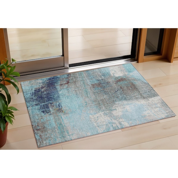 Homeroots 3' X 5' Teal Blue And Gray Abstract Washable Indoor Outdoor Area Rug 632035 - main