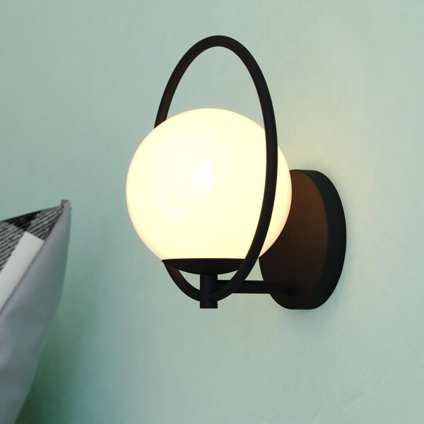 Vaxcel Bucktown 1 Light Matte Black Mid-Century Modern Wall Sconce White Globe Glass W0476 - main