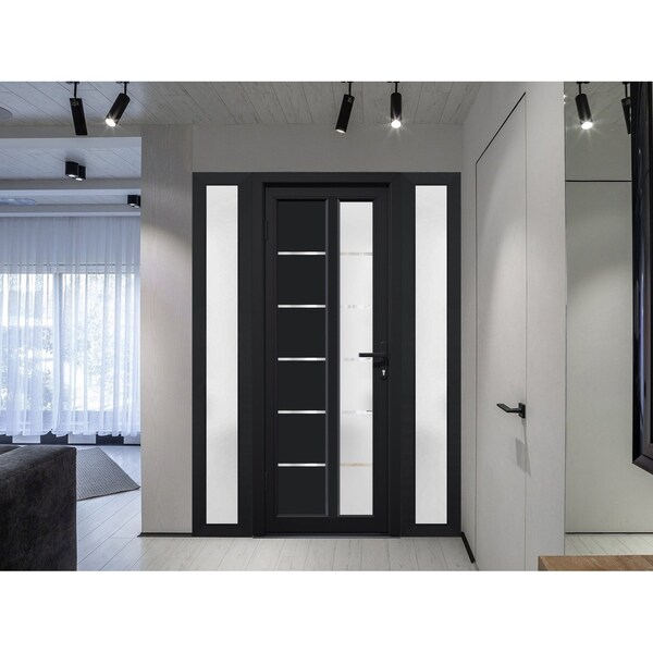 Vdomdoors Front Exterior Prehung FiberGlass Door Frosted Glass / Manux 8088 Matte Black / 2 Sidelight Exterio MANUX8088EXD-BLK-W16+36+16 x H80-RH - main