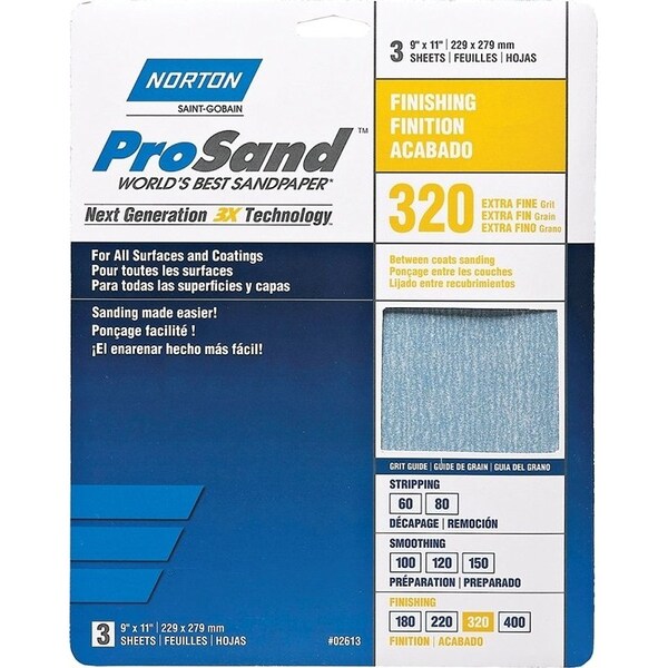Norton Co ProSand 07660768157 Sanding Sheet, 11 in L, 9 in W, Extra Fine, 320 Grit, Aluminum Oxide Abrasive 2613 - main