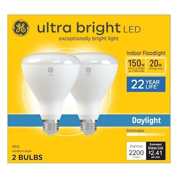 Ge LED Light Bulb, BR30 Lamp, 150 W Equivalent, Medium Lamp Base, Dimmable, Frost, Daylight Light, 2PK 93130932 - main